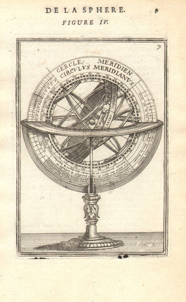 ARMILLARY SPHERE. Cercle Meridien. Astrolabe. MALLET 1683 old antique print